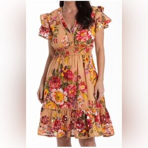 Talisman Costa V-Neck Ruffle Sleeve Valencia Floral Metallic Print Dress